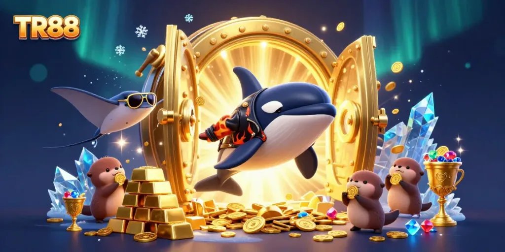 Engage in the excitement of TR88 with dynamic characters and treasure amidst a vibrant casino backdrop.