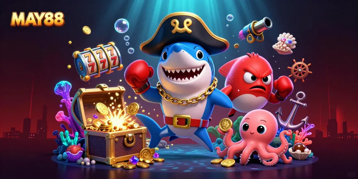 Experience the thrill of MAY88 with a vibrant underwater casino adventure featuring dynamic characters and treasures.