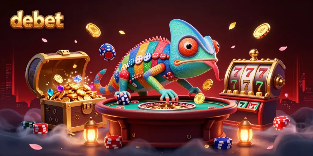 Engage with debet's vibrant casino experience featuring a chameleon owner amidst dynamic gaming elements.