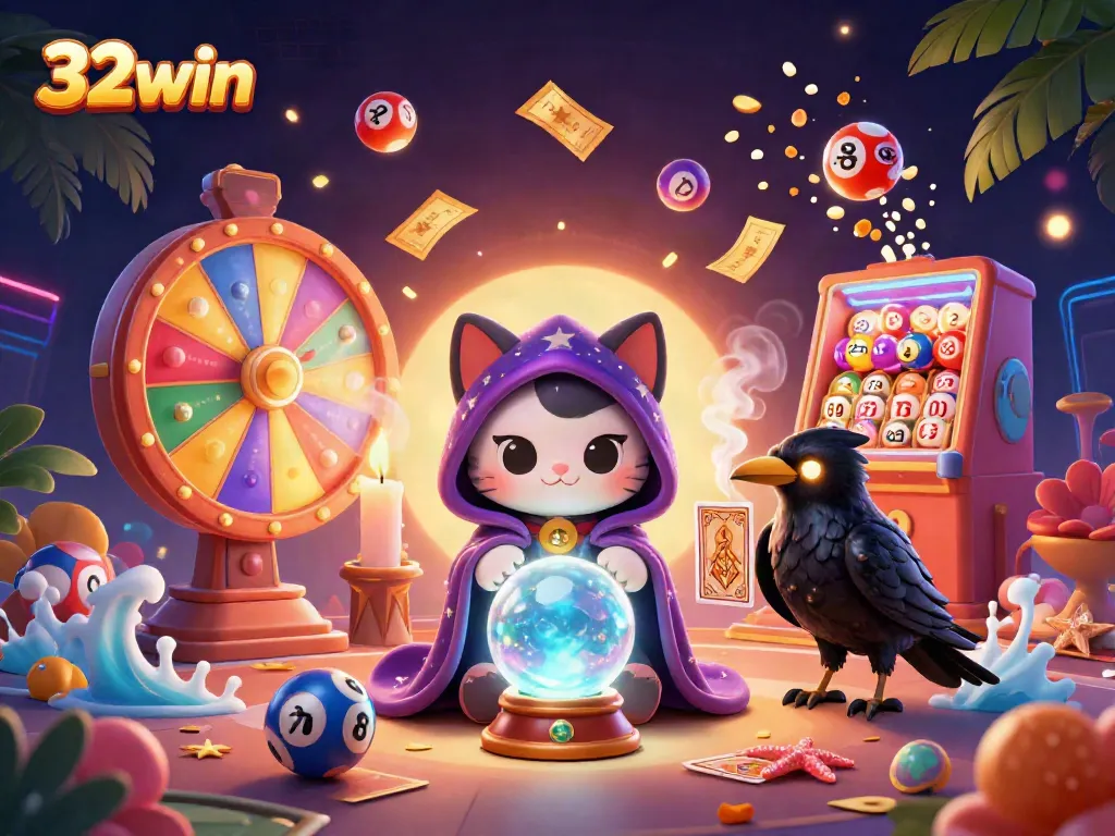 Experience thrilling winnings with 32win as vibrant lottery elements and mystical characters create a captivating casino scene.
