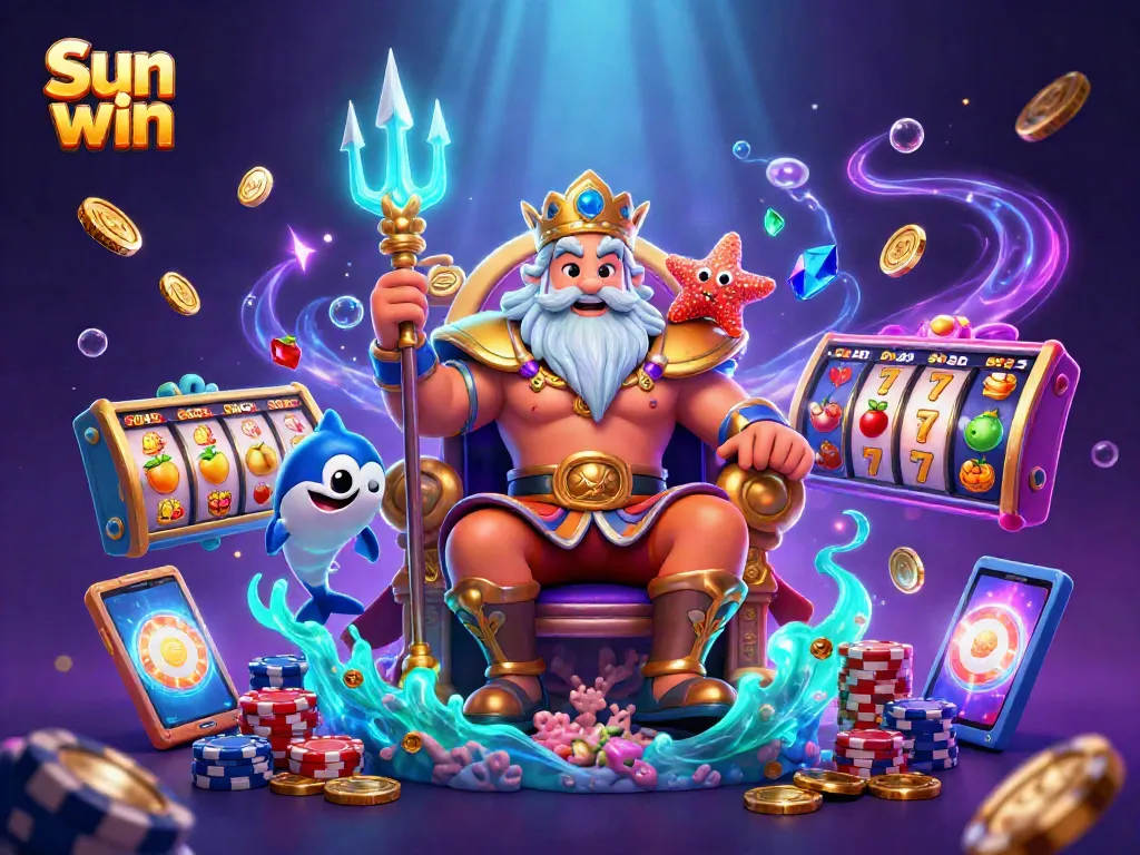 Experience the thrill of the Sun win slot games with Neptune and treasures in this vibrant casino scene.