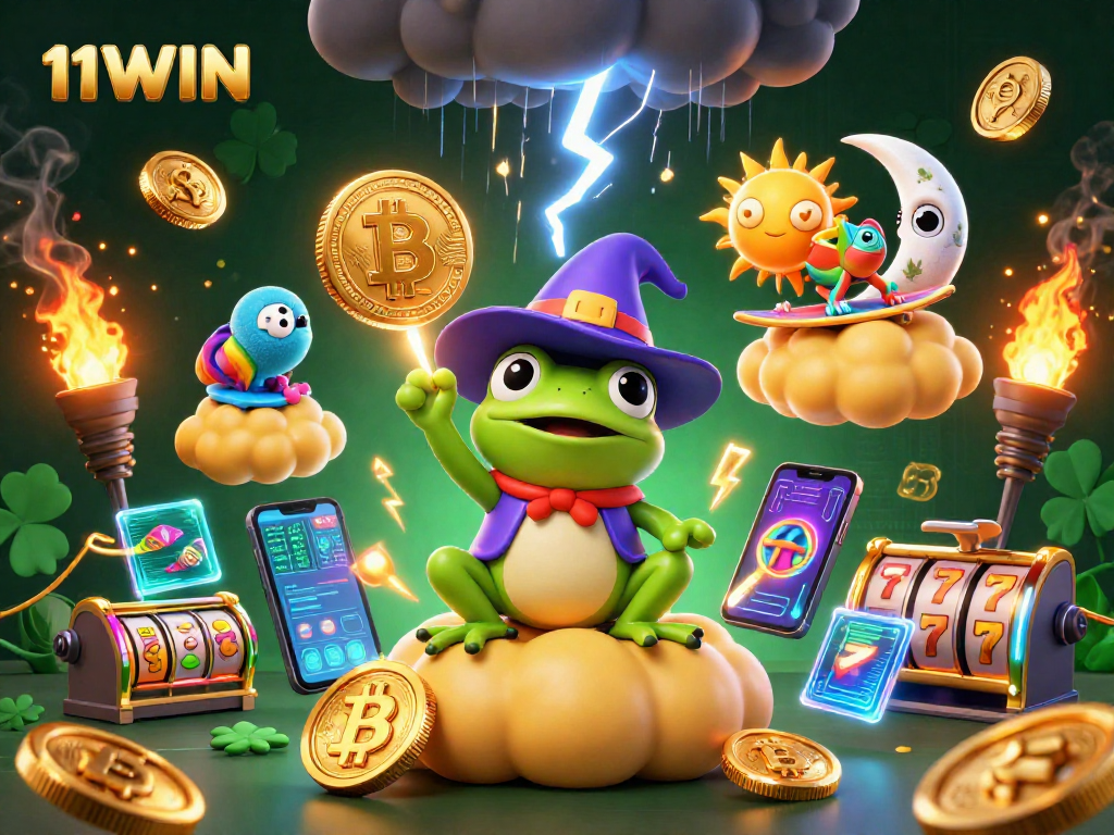 Experience the magic of 11WIN with a whimsical illustration of a wizard frog and chameleon in an energetic casino scene.
