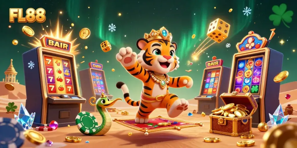 Experience FL88 thrills with a vibrant casino scene featuring a sultan, magic snake, and jackpot elements.