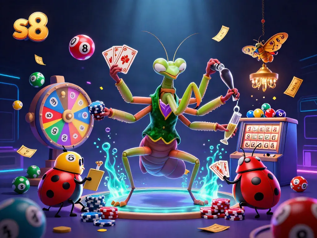 Experience the vibrant gaming excitement at s8 with a giant praying mantis card sharp amidst lottery balls and prizes.