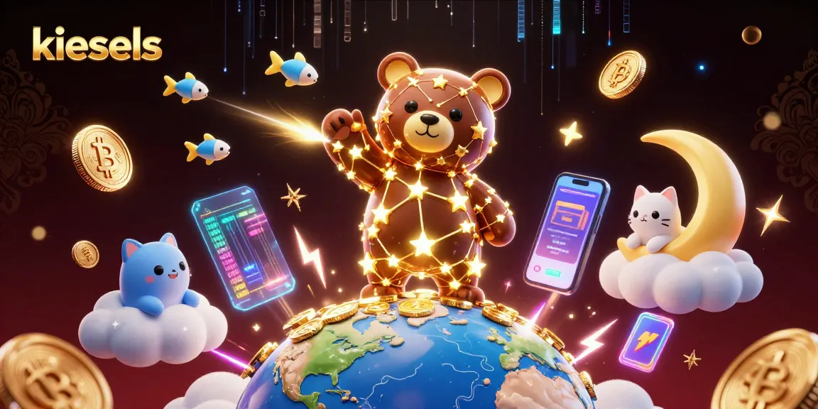Experience thrilling gameplay at kiesels with a whimsical 3D illustration of a constellation bear scooping coins.