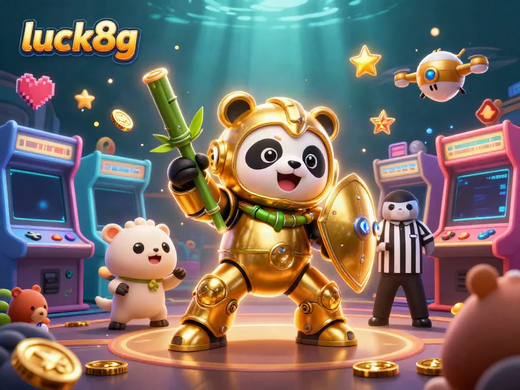 Engaging illustration featuring luck8g’s vibrant 3D arcade gaming scene with colorful characters and casino elements.