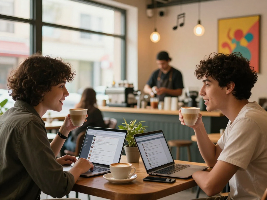 In a cozy café, young adults engage over dating profiles on laptops, highlighting https://f168.dating/ connections.