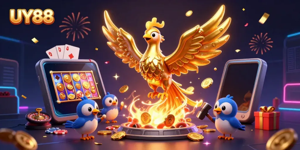 Experience the excitement of UY88 with a golden phoenix symbolizing fortune, surrounded by thrilling casino elements.