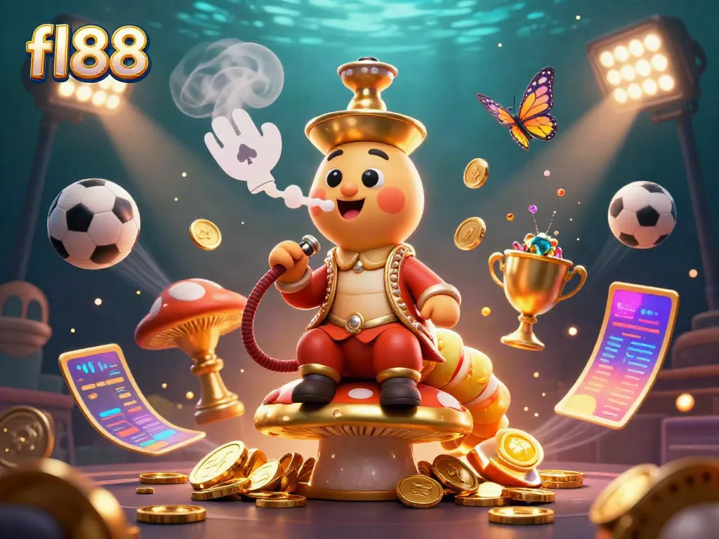 Experience thrilling gameplay with FL88, where a mystical caterpillar and vibrant sports elements collide in a dynamic online casino scene.
