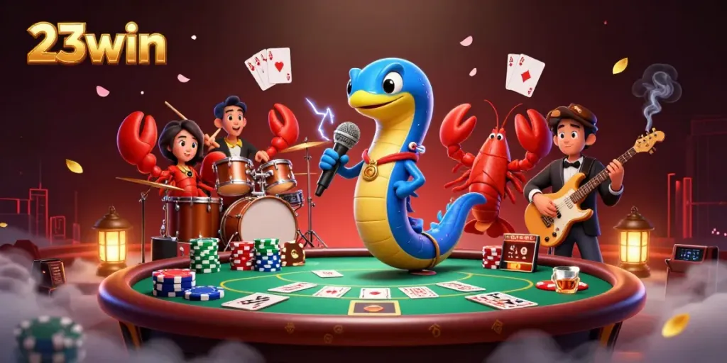 Experience the thrill of 23win in this vibrant illustration featuring an electric eel DJ at an underwater casino.
