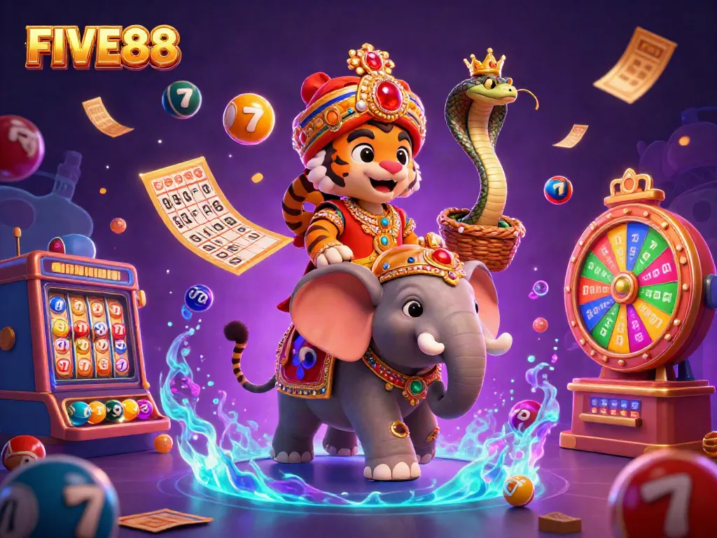 Experience the thrill of FIVE88 with a dazzling 3D scene featuring a maharaja tiger, elephant, and vibrant casino elements.