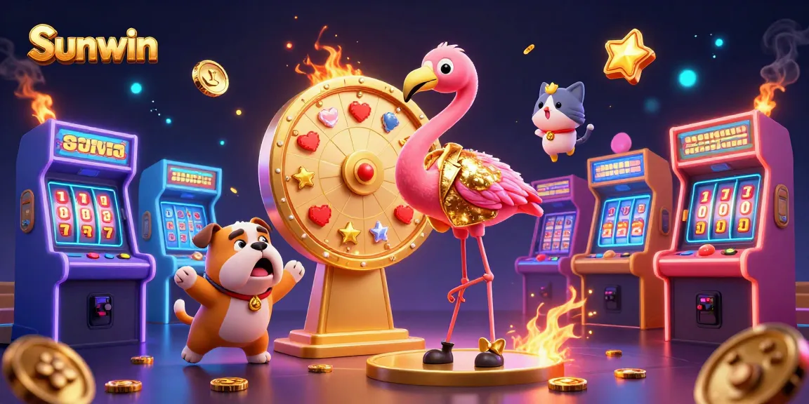 Engage in thrilling gameplay action with Sunwin's vibrant 3D jackpot atmosphere featuring characters and gaming elements.