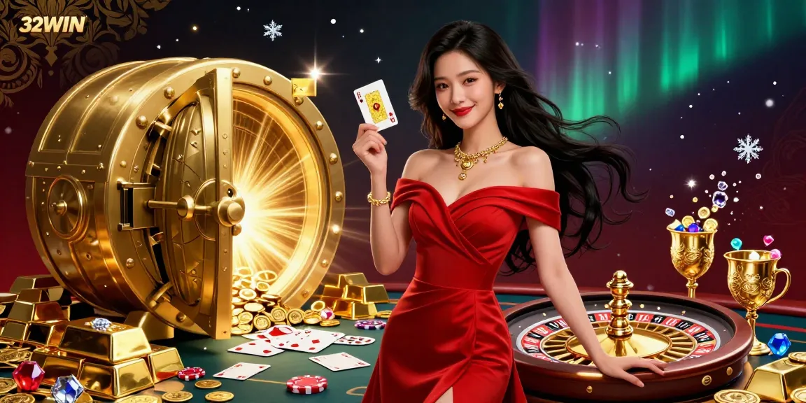 Experience the excitement with 32WIN as a beautiful Asian woman elegantly poses beside a golden roulette wheel surrounded by treasures.
