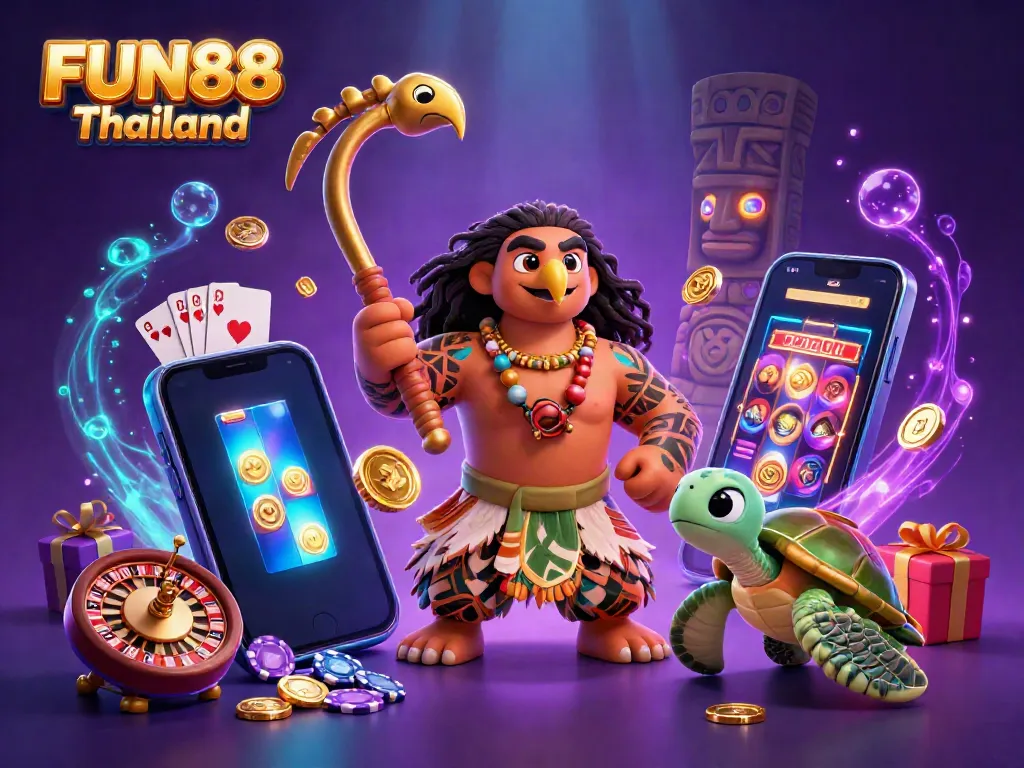 Experience the thrill of FUN88 Thailand with a colorful 3D casino scene featuring a Maui-style hawk and slot game.