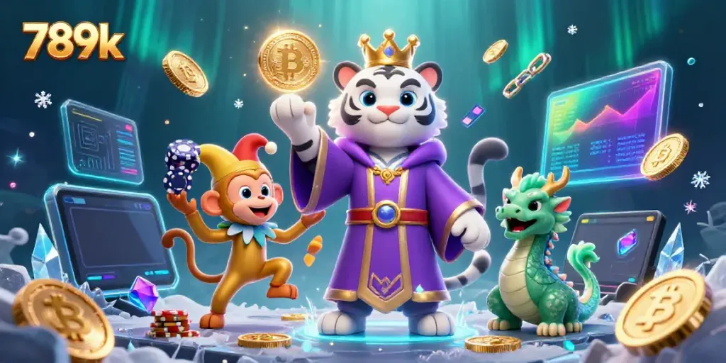Engage in thrilling gaming at 789k with a captivating tiger, monkey, and dragon in a vibrant casino scene.