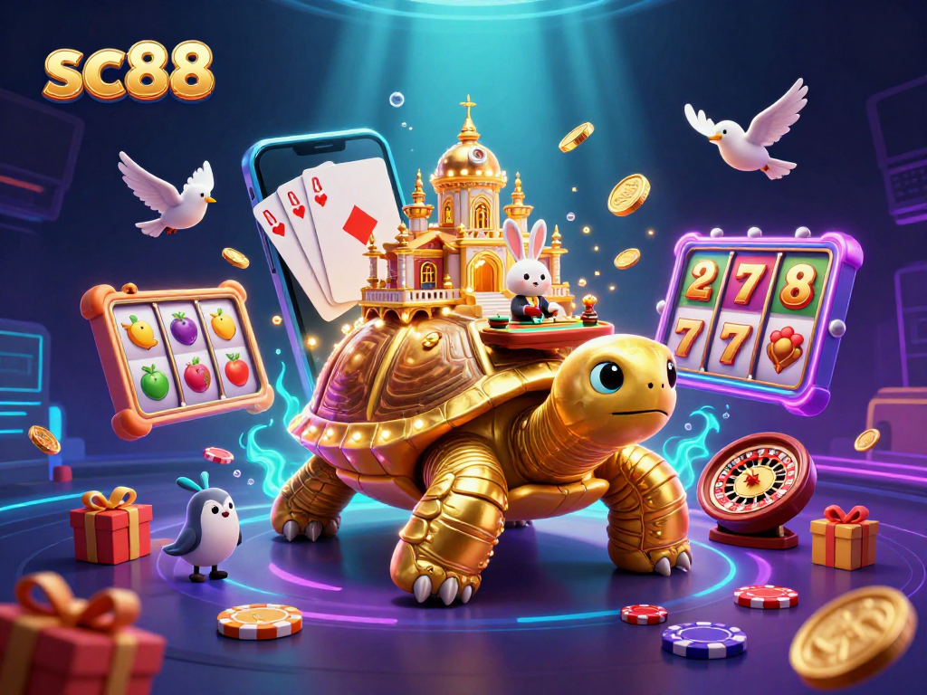 Experience thrilling wins with sc88 in a vibrant 3D casino scene featuring a golden tortoise and a rabbit dealer.