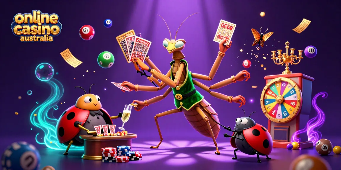 Engaging scene representing the excitement of online casino australia with characters featuring vibrant lottery elements and festive energy.