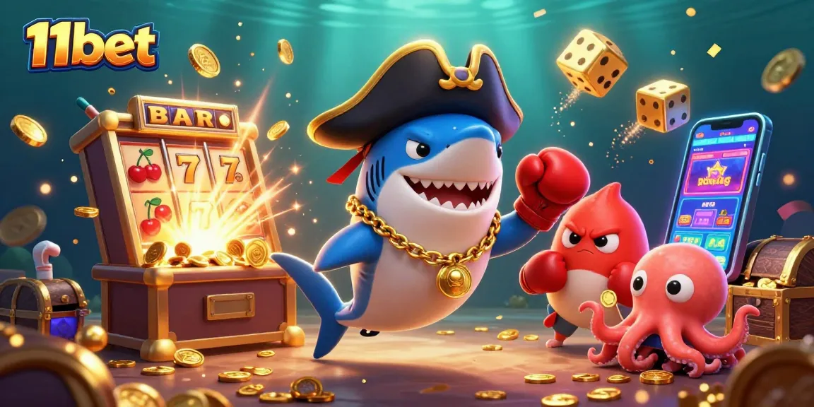 Engage in thrilling casino action with 11bet featuring a pirate shark, pufferfish, and octopus in a dynamic scene.