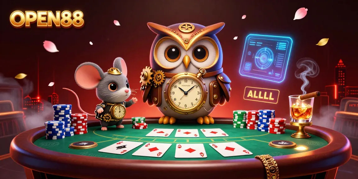 Experience thrilling moments at OPEN88 with a vibrant 3D scene showcasing a steampunk owl and a clockwork mouse amongst poker chips and community cards.