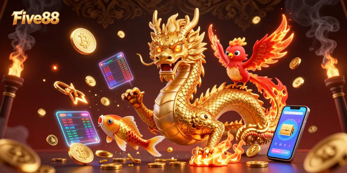 Experience thrilling gaming with vibrant Five88 casino characters and crypto elements.