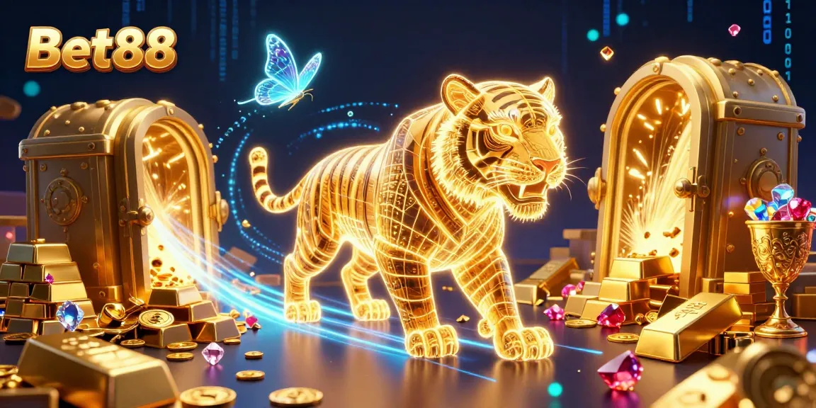 Experience the thrill of Bet88 with vibrant casino elements, including golden treasures and a neon tiger.