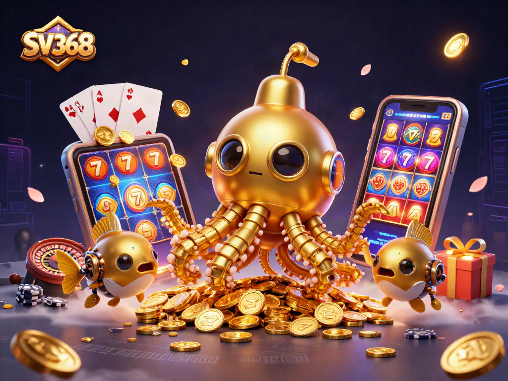 Engage with SV368's vibrant gaming experience featuring a golden kraken submarine amidst slots and coins.