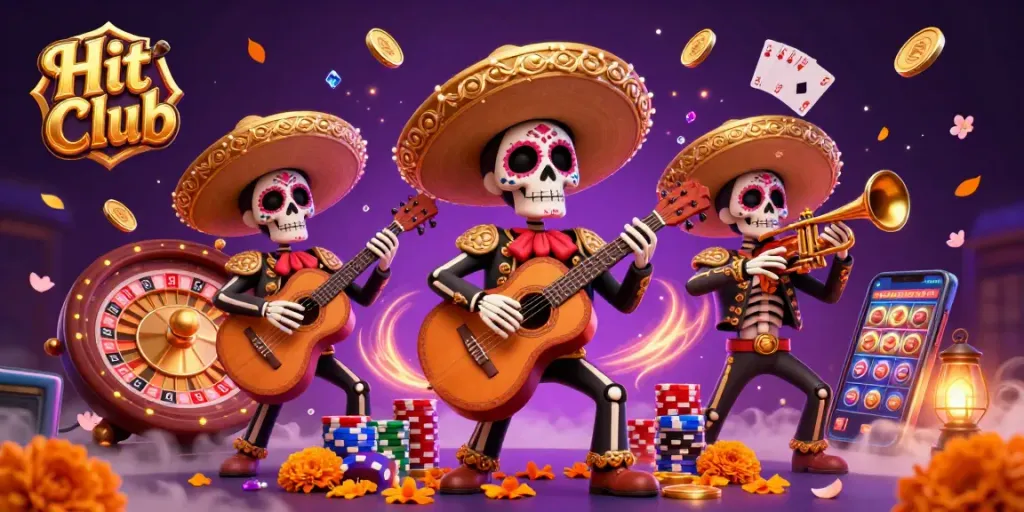 Engage with Hit Club's festive casino atmosphere featuring a skeleton mariachi band amidst cascading coins and poker elements.
