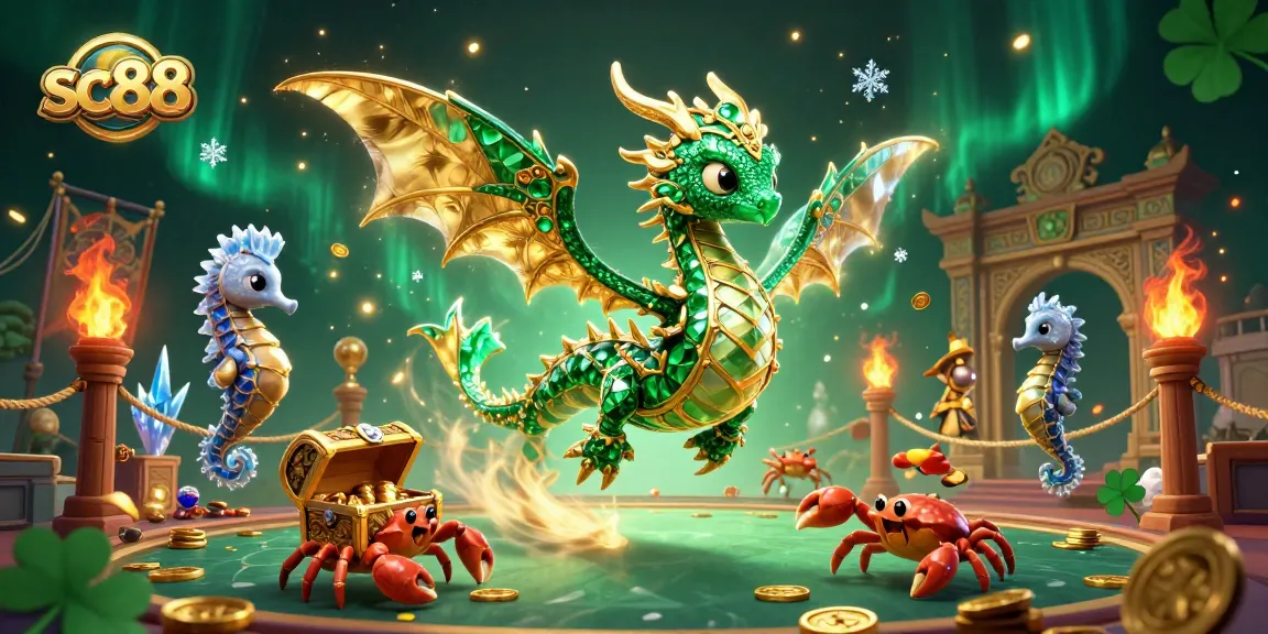 Experience fortune with sc88 as the emerald sea dragon guards treasures amid swirling gaming elements.