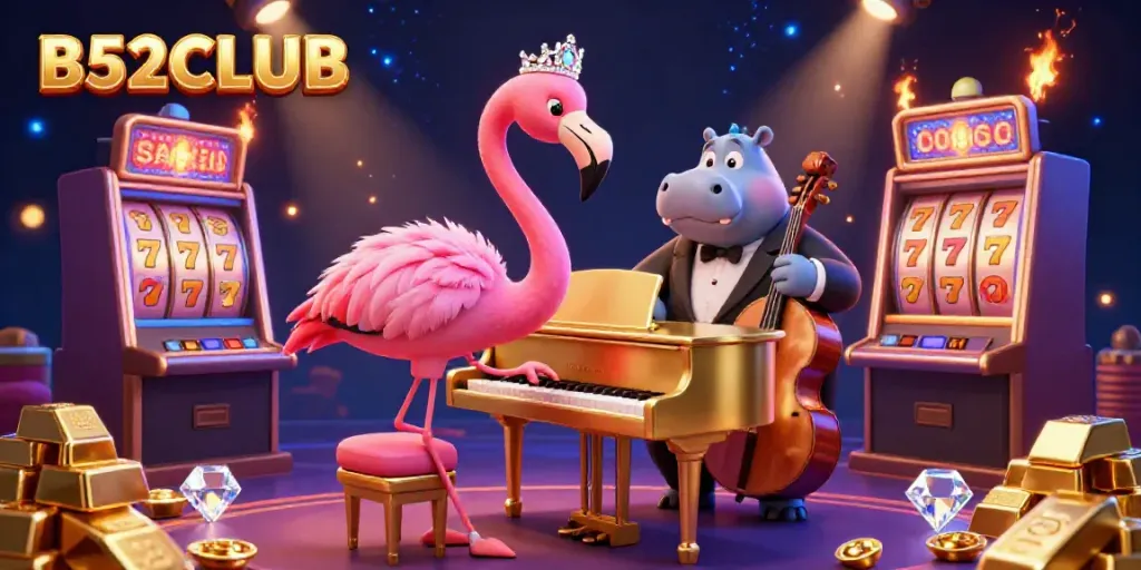 B52CLUB engaging casino scene with a flamingo singer and hippo bassist at the piano, surrounded by slot machines and gold.