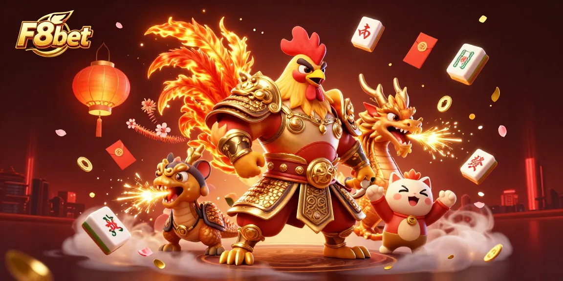 Engage with F8bet in a vibrant scene featuring a rooster warrior and dragon hatchling amidst glowing symbols of luck.