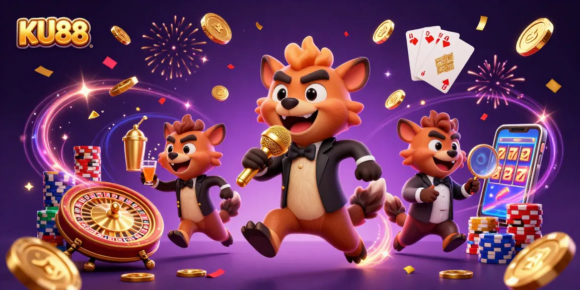 KU88 captures hyenas running a comedy casino with golden coins, laughter, and vibrant gaming action.