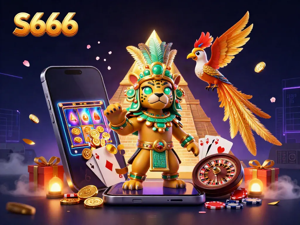 Experience S666 with a vibrant 3D illustration showcasing casino elements, gaming excitement, and rich character designs.