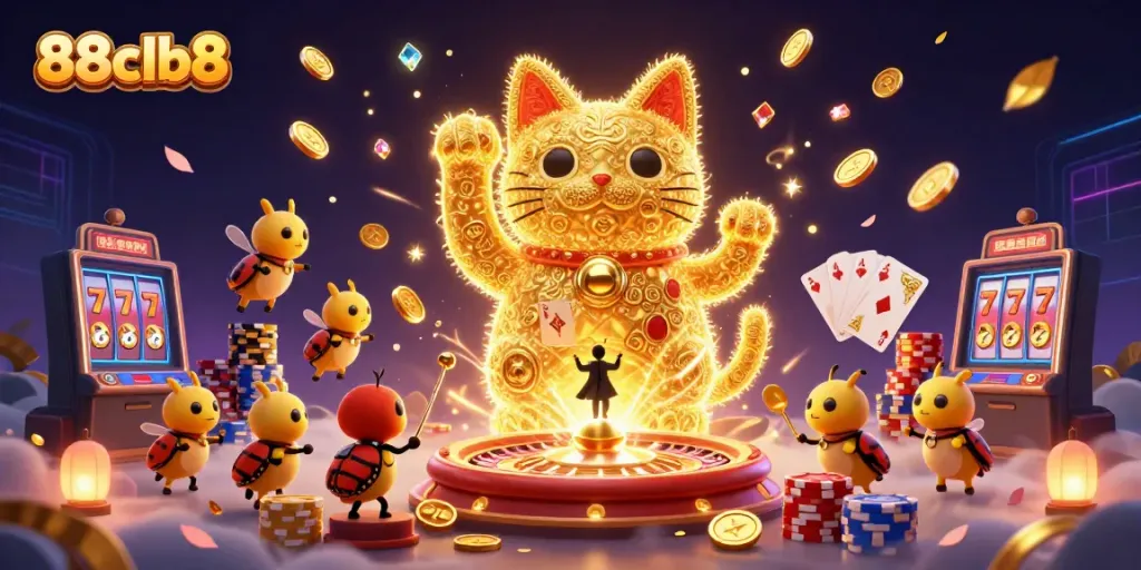 Engage with exciting games at 88clb8, featuring vibrant 3D elements and casino symbols.