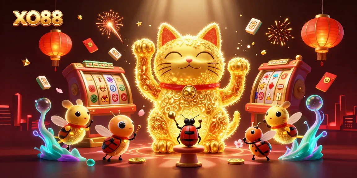 XO88 brings excitement with a lucky cat and vibrant casino symbols in a stunning illustration.