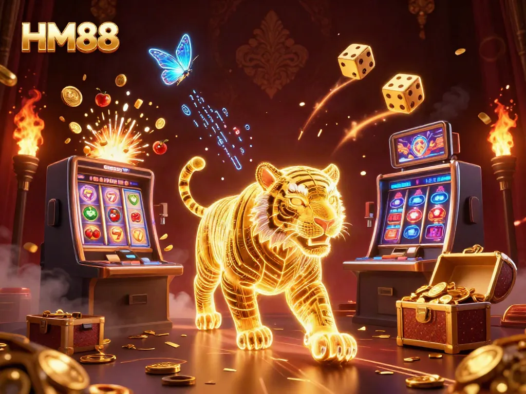 Experience exciting gameplay at HM88 with a neon-wireframe tiger amidst a vibrant casino landscape.