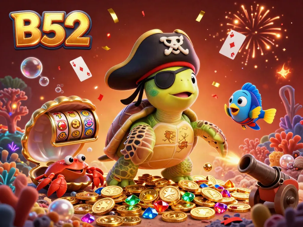Engage with B52-themed slot games and treasure in an ultra-detailed 3D pirate casino illustration.