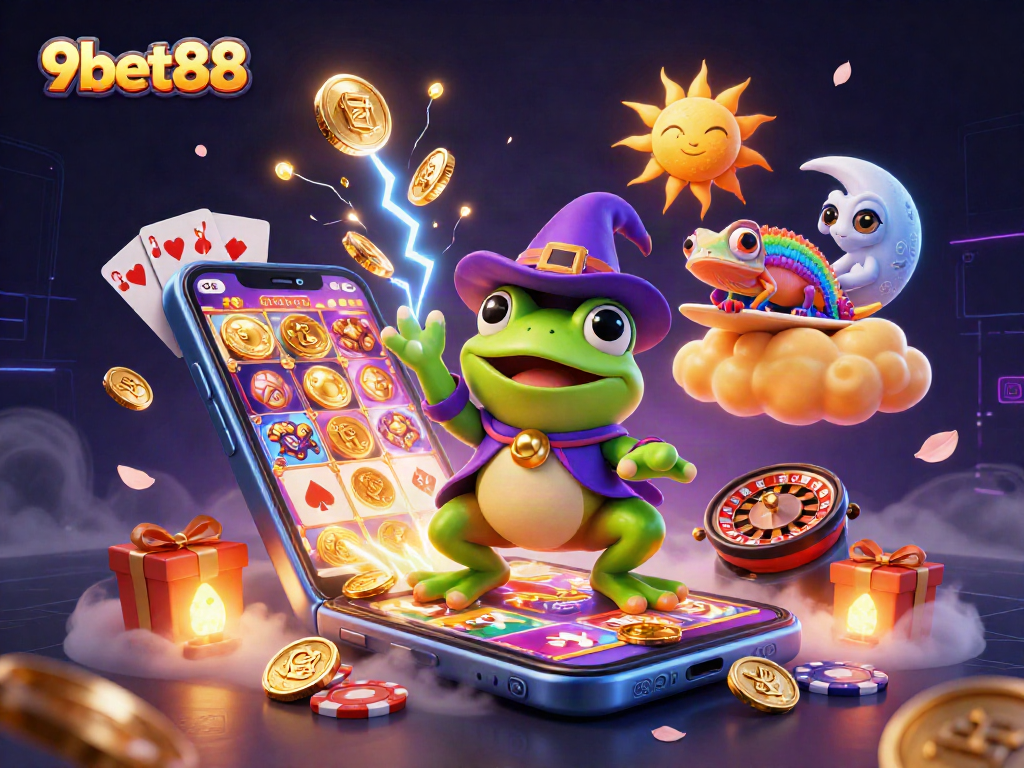 Experience the thrill of 9bet88 with a magical scene filled with coins, cards, and games.