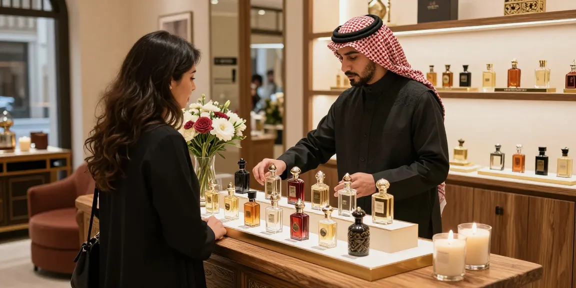 Ontdek een selectie van Arabisch parfum in een luxe winkelomgeving met elegante flessen en deskundig advies.