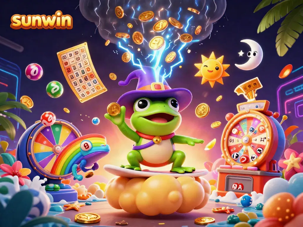 Experience winning thrills with sunwin as a 3D cartoon wizard frog unleashes golden coins in a vibrant casino scene.
