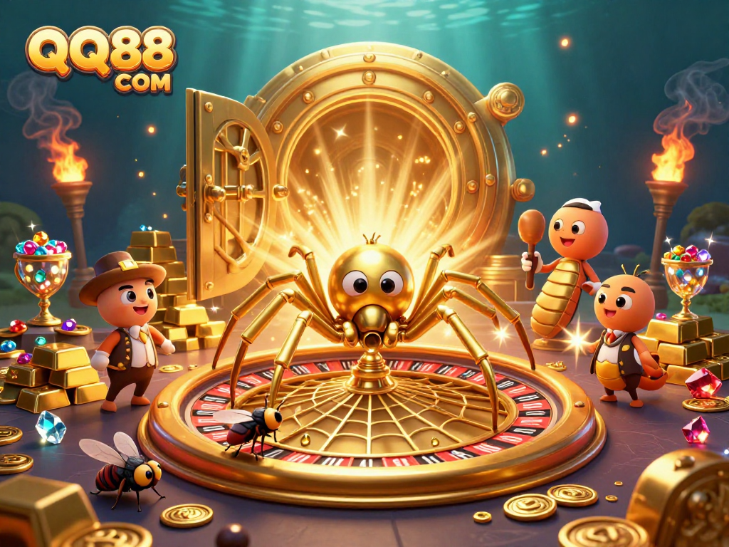 Experience thrilling spins at QQ88 COM with a vibrant 3D casino illustration featuring engaging characters.