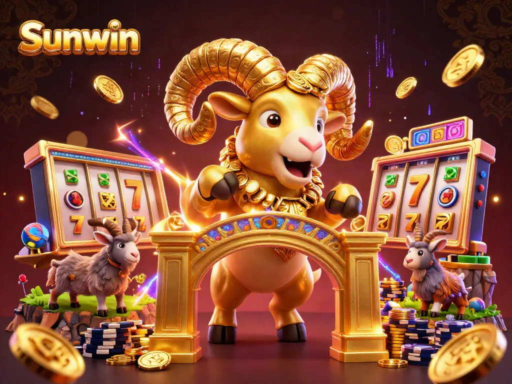 Experience dynamic gameplay with Sunwin as a golden ram charges through a vibrant casino scene.