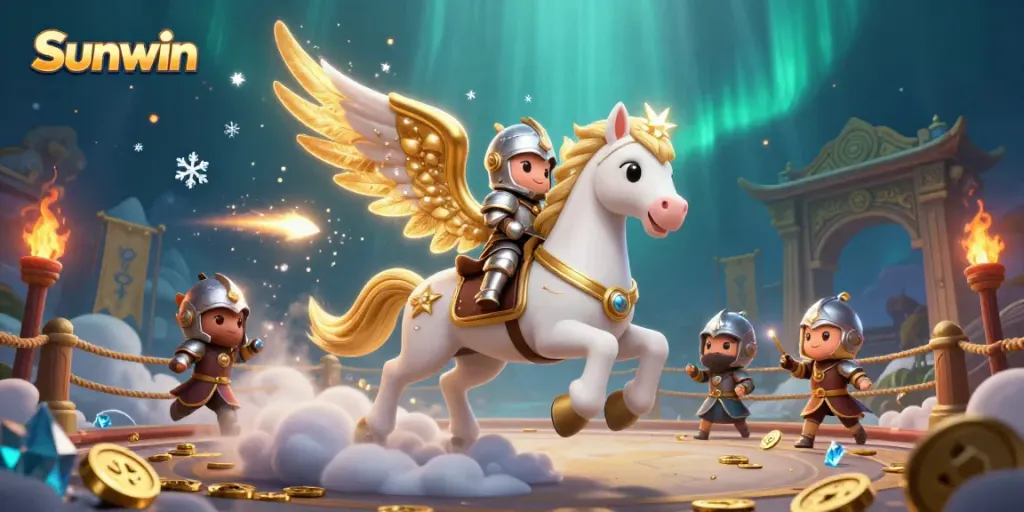 Experience thrilling gaming adventures with Sunwin as a cute armored knight and celestial horse symbolize excitement and fortune.