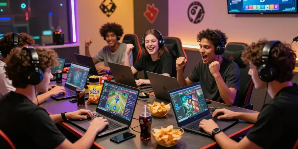 Suasana game online tisu4d dengan kelompok teman bersenang-senang, menampilkan laptop dan camilan