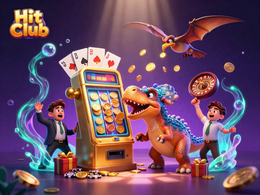 Hit Club casino scene with a dinosaur winning jackpots and colorful game elements.