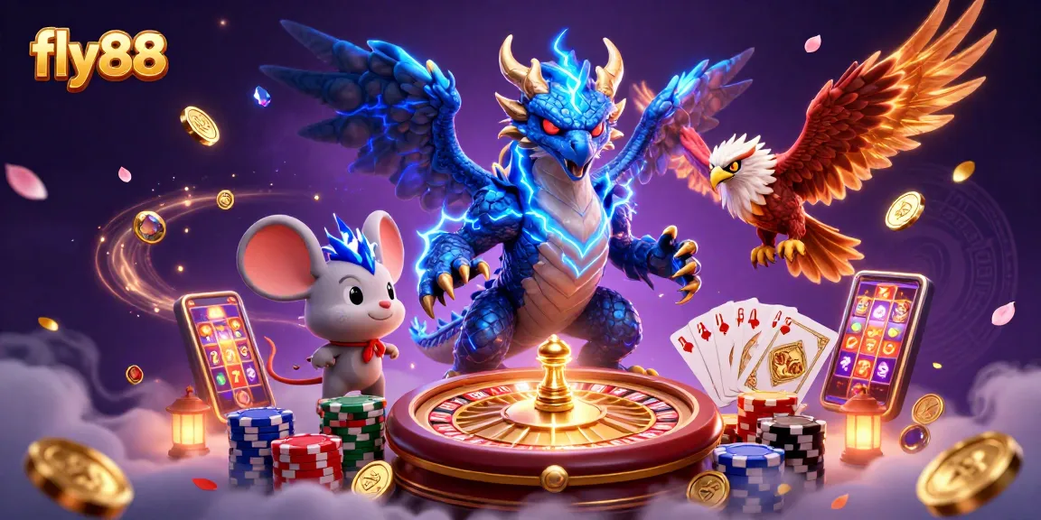 Fly88 showcases thrilling casino action with a thunder dragon, glowing hawk, and vibrant game elements.
