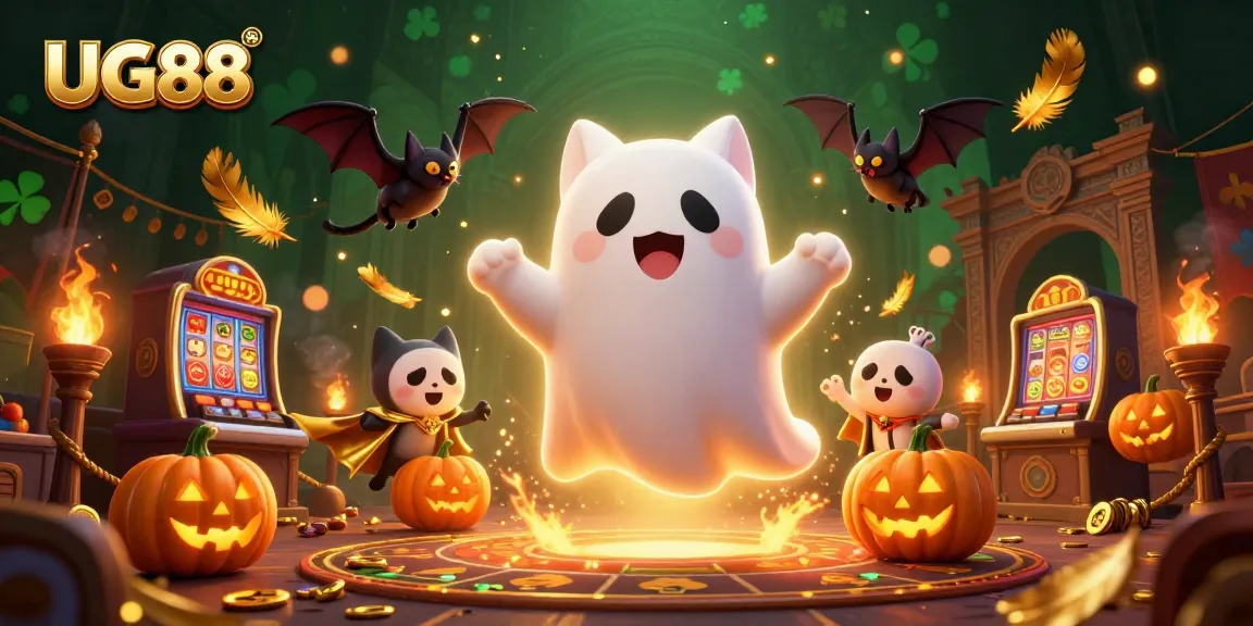 Experience the excitement of UG88's haunted casino with a ghostly cat and bat amid glowing jackpots.