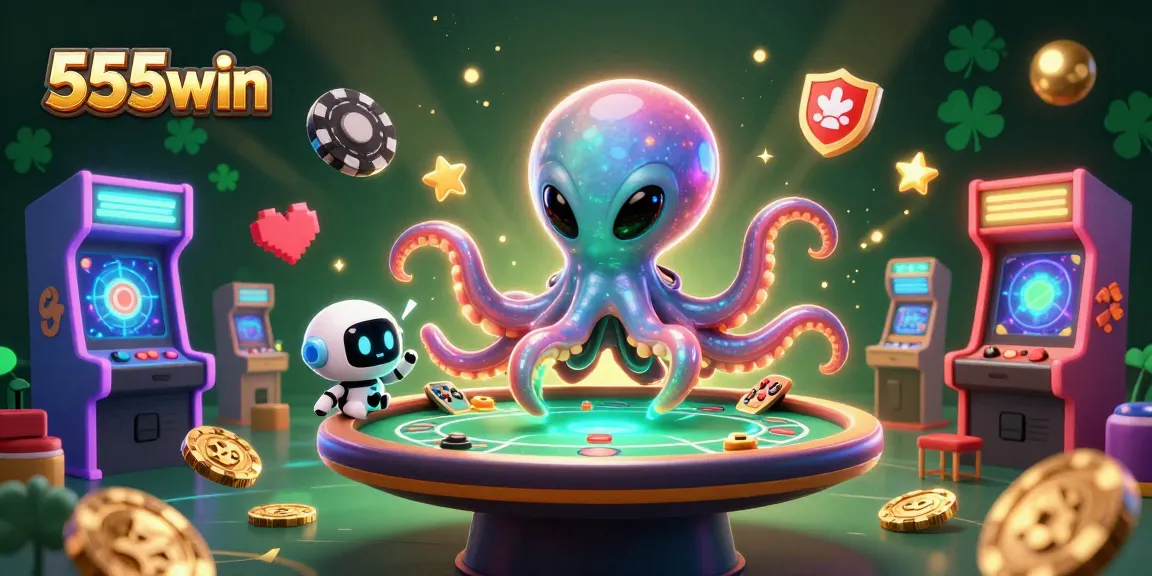 Play exciting poker at 555win with a whimsical alien octopus dealer and vibrant game elements