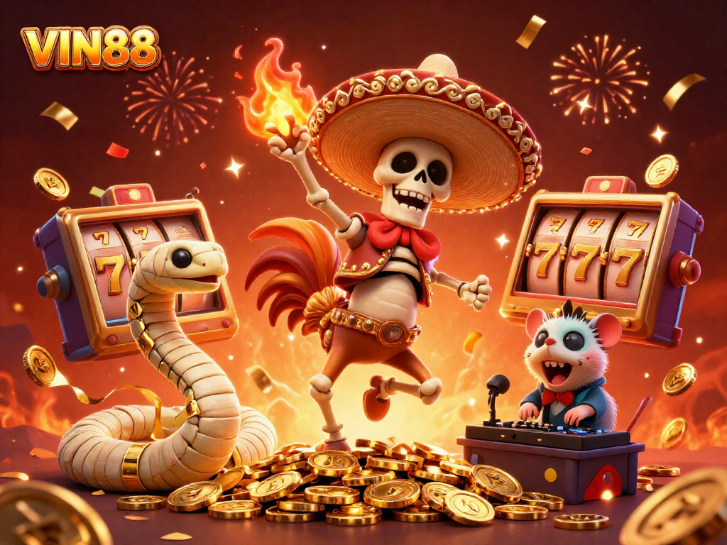 Experience thrilling gaming action with VIN88's dynamic casino illustration featuring vibrant characters and slot elements.