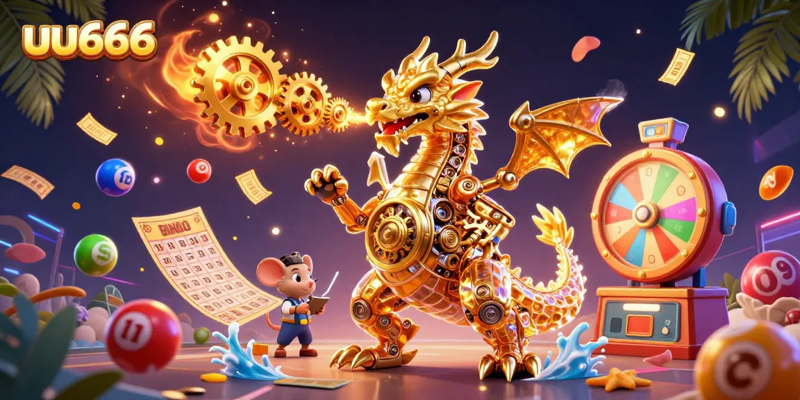 uu666 engages players with vibrant lottery-themed 3D illustration of dynamic casino elements and characters.