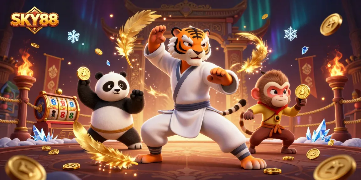 SKY88 showcases a kung fu tiger, panda disciple, and monkey student in a vibrant online casino setting.